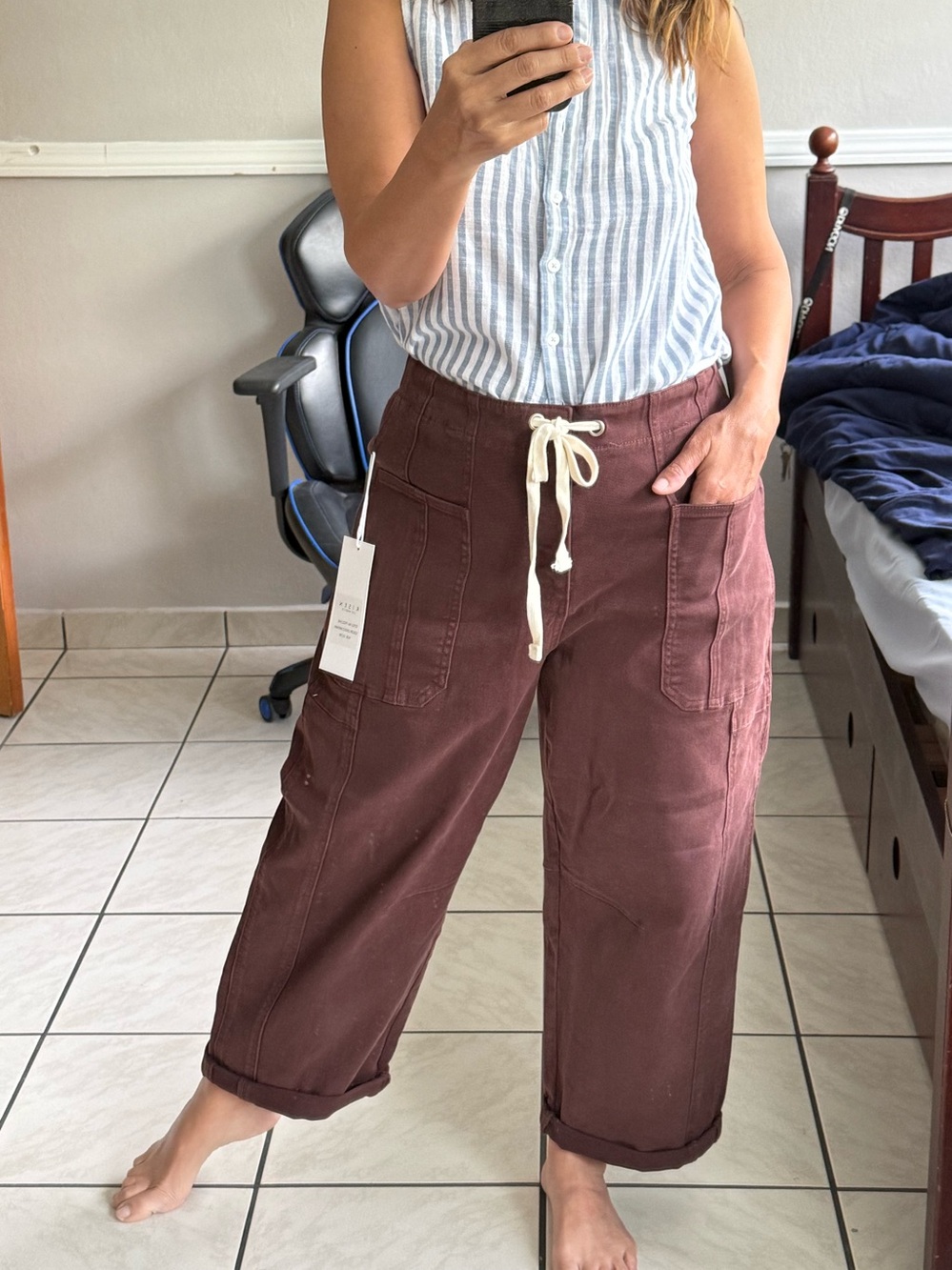 Women's trendy Risen barrel jeans in Chocolate brown w/ zipper & drawstring wais
